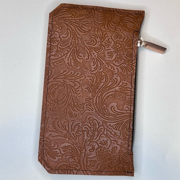 Wallet brown vinyl with tooled pattern rose gold plastic zipper Handmade - Picture 5 of 8